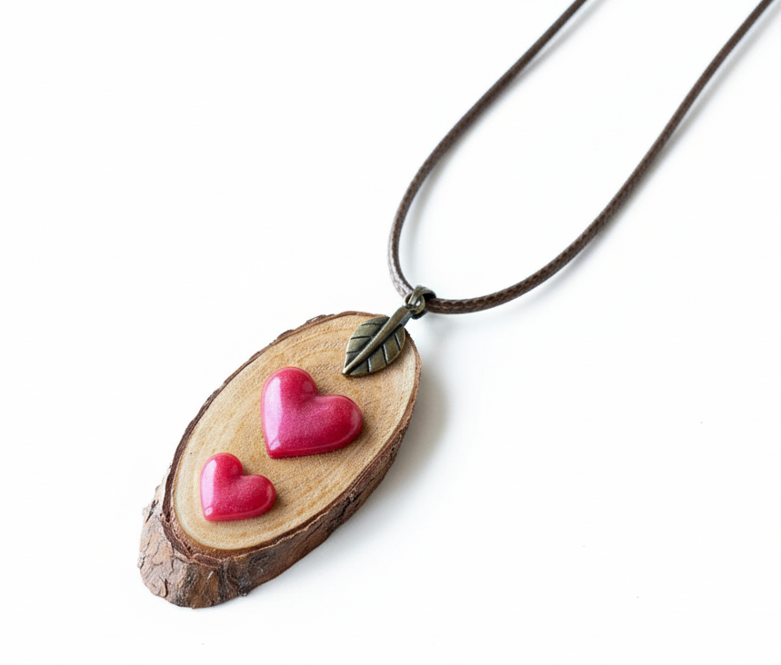 Colgante de madera con corazones de resina